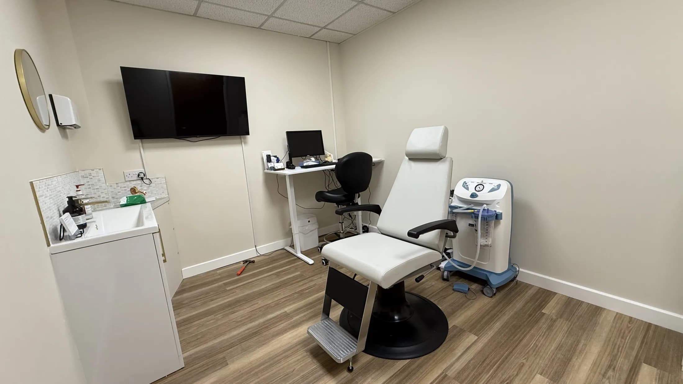 The ear wax removal treatment room at Tide Hearing's Thorpe End clinic in Norwich